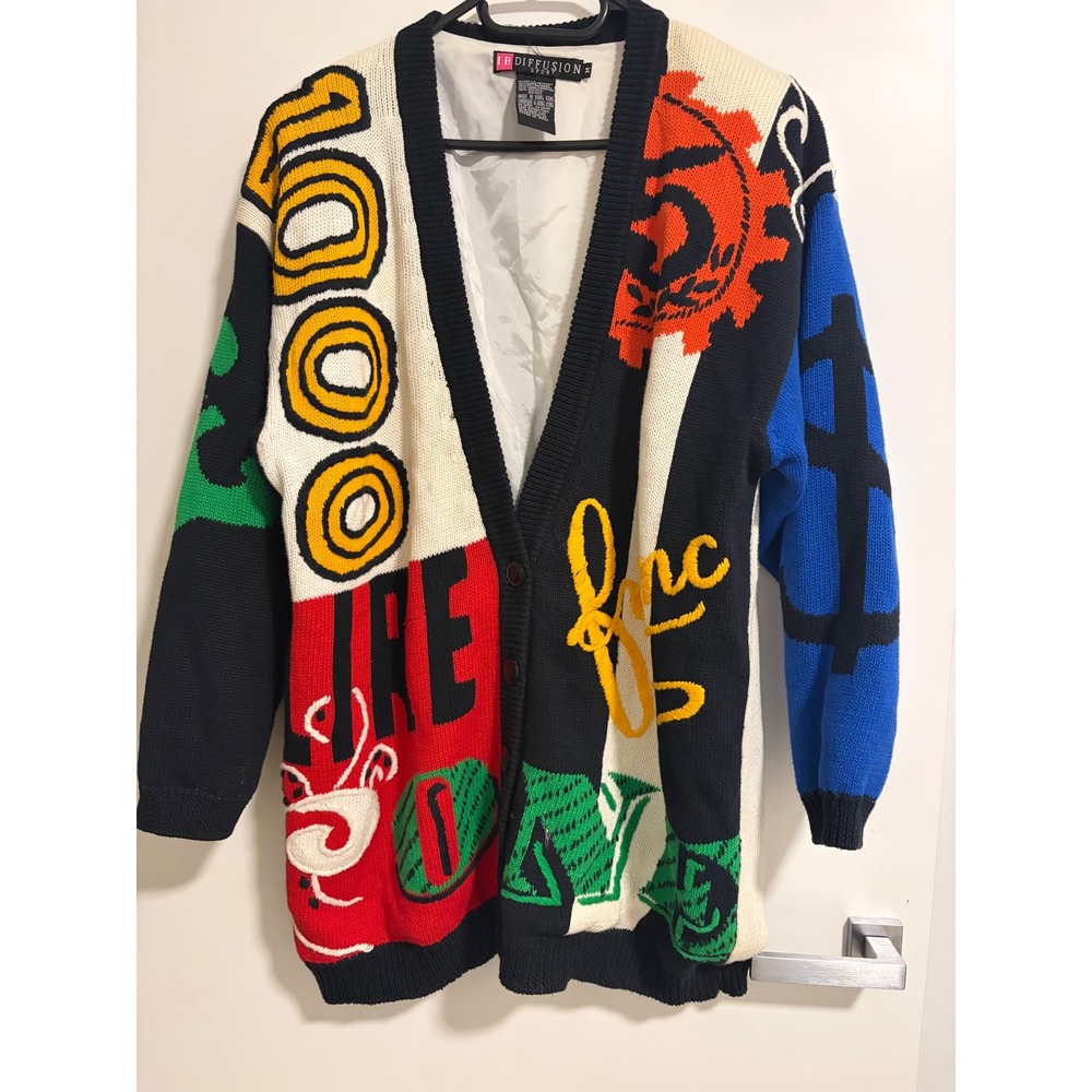 Vintage 90s IB Diffusion Sport Pop Art Cardigan Sweater Currency Symbols Lined M